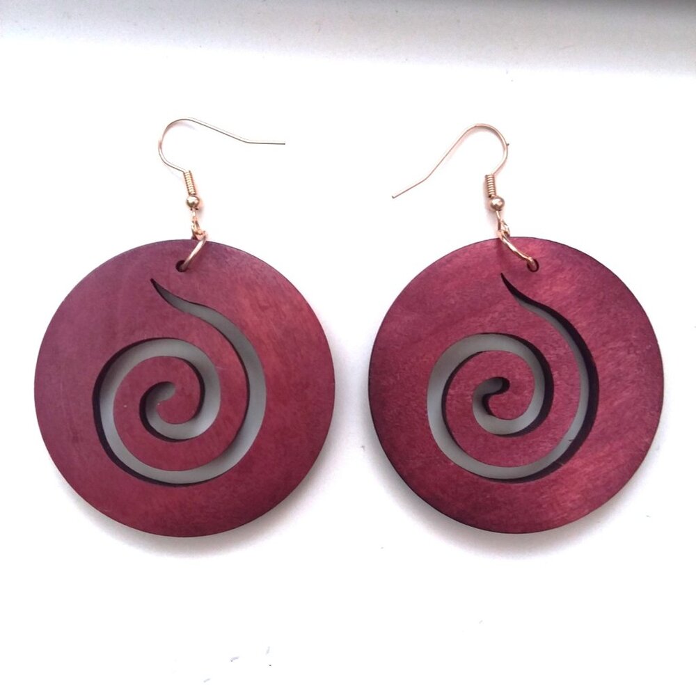 Earrings Wood Cut Swirl Bohemian Dangle Boho Large Trendy Hindu Round Swirls NEW